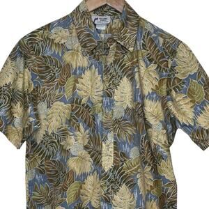 Malihini Hawaii Men's Medium Tan Blue Palm Print Short Sleeve Shirt
